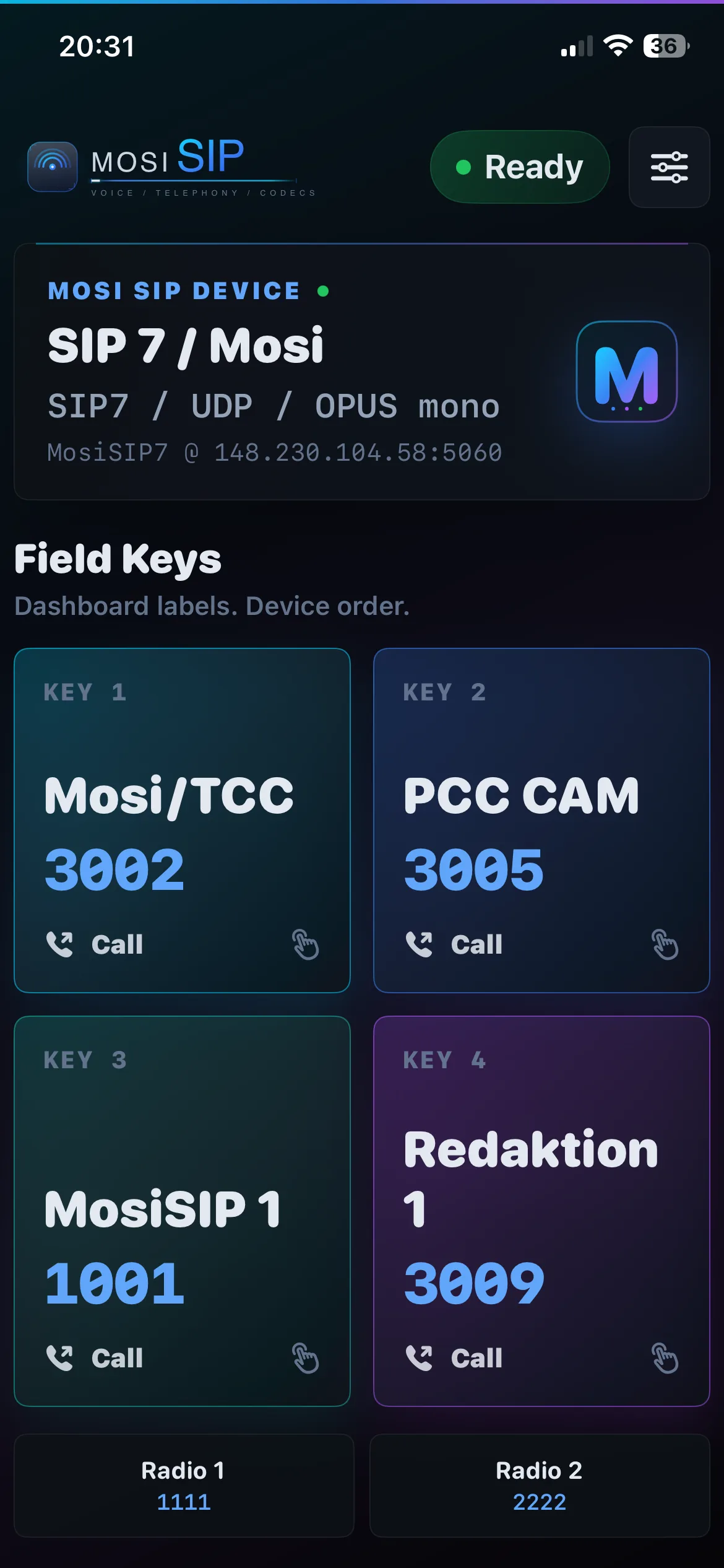 MosiSIP iOS App — Field Keys